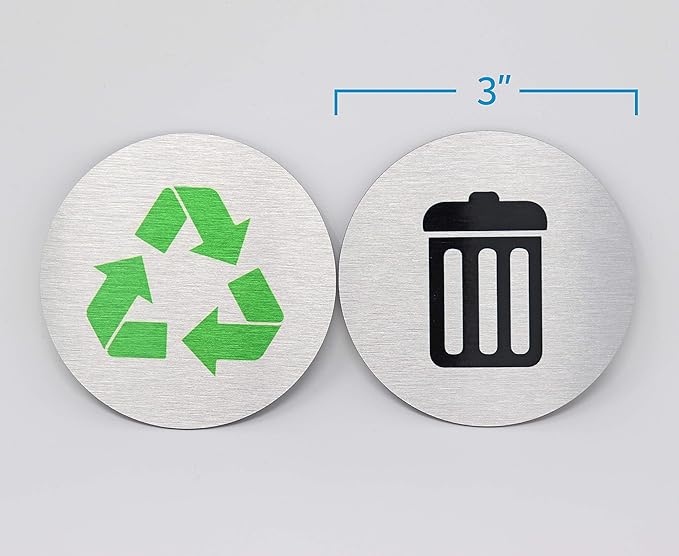 Metal Trash & Recycling Signs | Garbage & Recycling Bin Marker | Set of 2 - 1 Black Trash Sign & 1 Green Recycle Sign | 3" Round, Brushed Silver Aluminum Signs | Made in USA