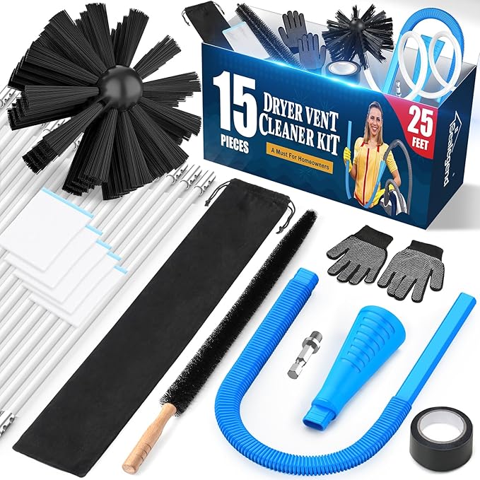 Sealegend 15-Piece 25-Feet Dryer Vent Cleaner Kit, Dryer Cleaning Tools, Omnidirectional Dryer Lint Vacuum Attachment, Dryer Vent Brush, Universal Vacuum & Dryer Adapters (Blue)