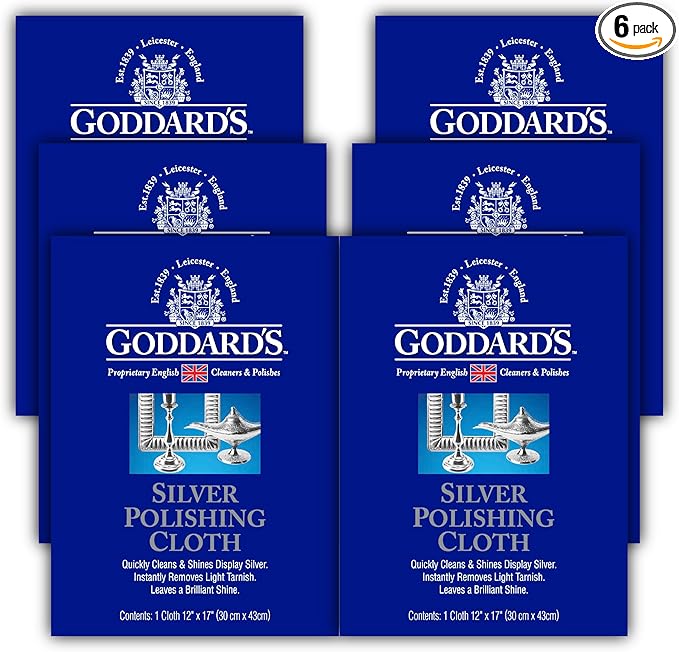 Goddard's Silver Polishing Cloth for Jewelry, Remove Tarnish on Plated or Sterling Silver, Gold, Antiques, and Leaves Tarnish Protection, 6 Cloths
