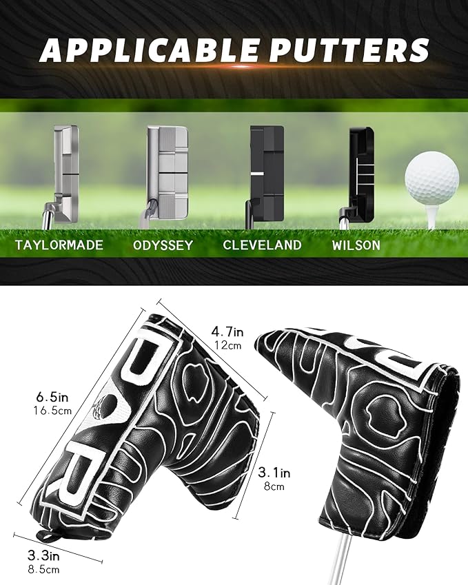 Big Teeth Golf Club Covers Full Set Driver Headcover Fairway Wood Hybrid Golf Club Iron Head Covers, Topographic Edition Putter Cover Leather Golf Head Covers Pure Black, Gifts for Men