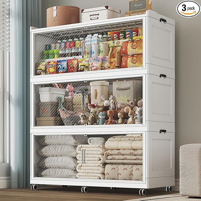 150 Gallon Extra Large Collapsible Storage Bin with Lid, 600QT Stackable Plastic Organizer with 6x Wheels, Foldable Drawer Cabinet for Closet, Living Room Office Dorm 3Pack, White
