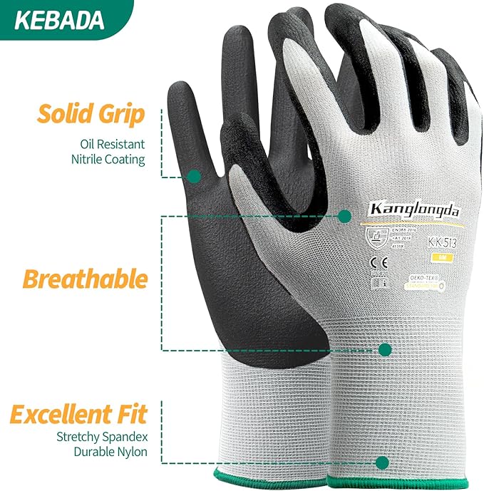 3-Paris Medium Work Gloves for Men and Women, Nitrile Coated Safety Protective Gloves with Grip, Ideal for Gardening, Warehouse, Mechanic, Light Duty Construction Work