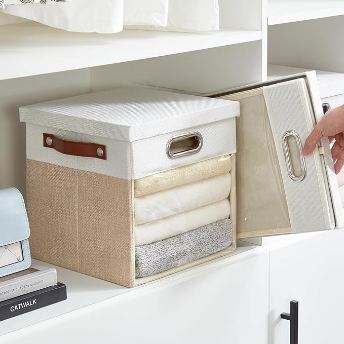 Fabric Storage Cubes with Clear Windows and Lids 11'' Foldable Storage Bins with 3 Handles, Decorative Storage Boxes for Home, Bedroom, Closet, Office (Beige & White)