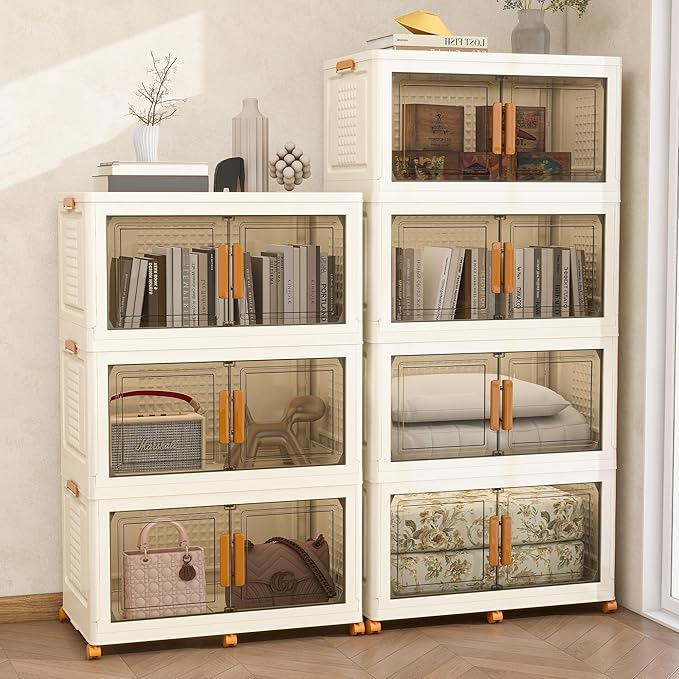 Plastic Stackable Storage Bins with Lids and Wheels, Foldable Closet Organizers and Storage Containers for Bathroom, Collapsible Clear Drawer Storage Cabinet with Doors White 38Gal 4Tiers