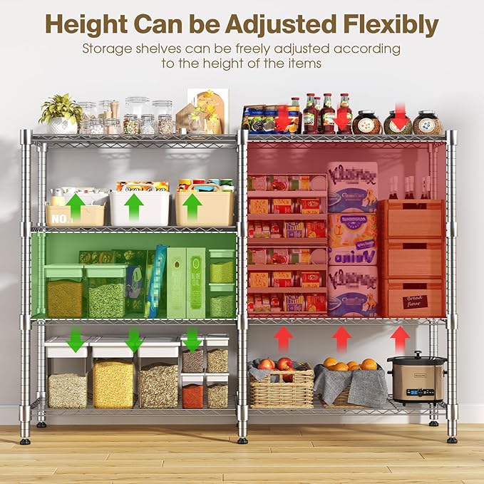 Himimi 4-Tier Adjustable Metal Shelving - 1600LBS Capacity, Heavy Duty Wire Organizer for Pantry, Kitchen, Garage, Laundry, 72" W x 18" D x 60" H, Silver