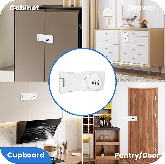 Keyless Cabinet Lock with Combination Code - 3-Digit Password Hasp Latch Lock for Drawers, Bifold Closet Door and Double Sided Door (White, 4.5 Inch)