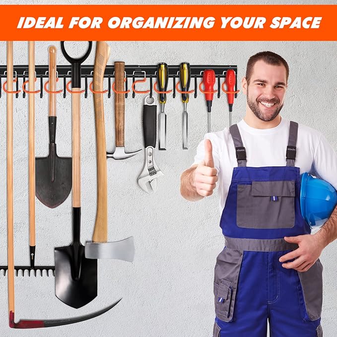34'' All Metal Garden Tool Organizer Wall Mount Garage Organizers and Storage with Hooks Tool Hangers for Shed