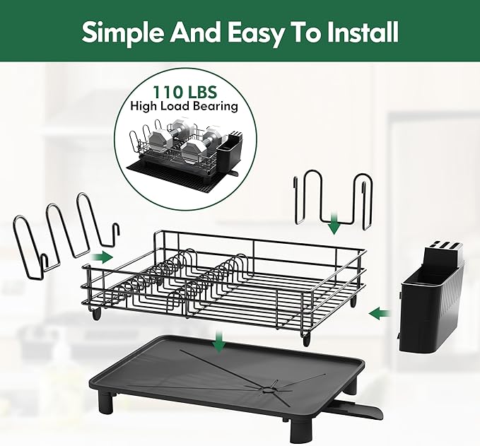 JASIWAY Stainless Steel Black Dish Drainers Drying Rack for Kitchen Counter with Drainboard, Rust Proof Metal, Space Saving, Modern Aesthetic, Compact Plates Dryer Strainers with Tray and Extra Mat