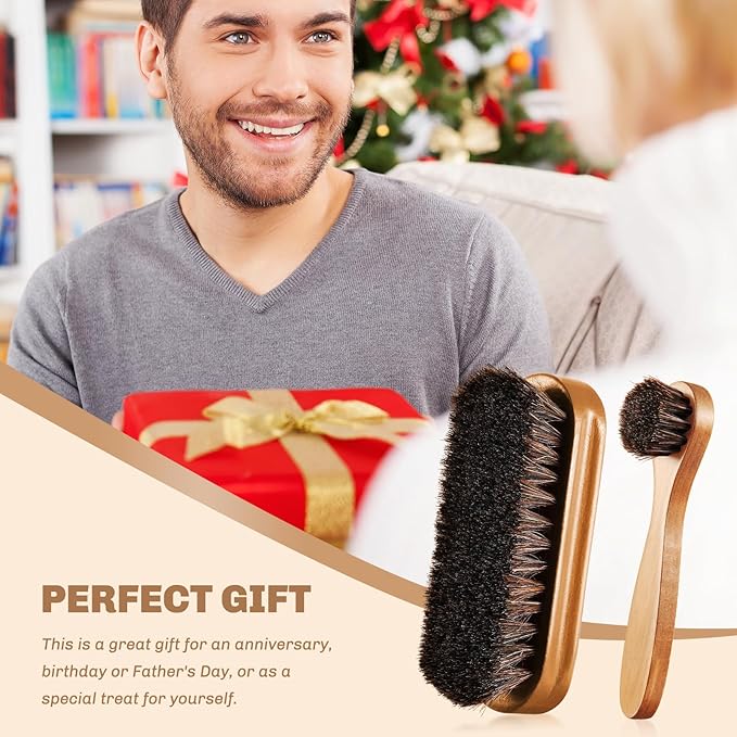 2 Pcs Horsehair Shine Shoes Brush Kit Polish Dauber Applicators Cleaning Leather Shoes Boots Care Brushes Suede Cleaner Brush(Wooden Style F)
