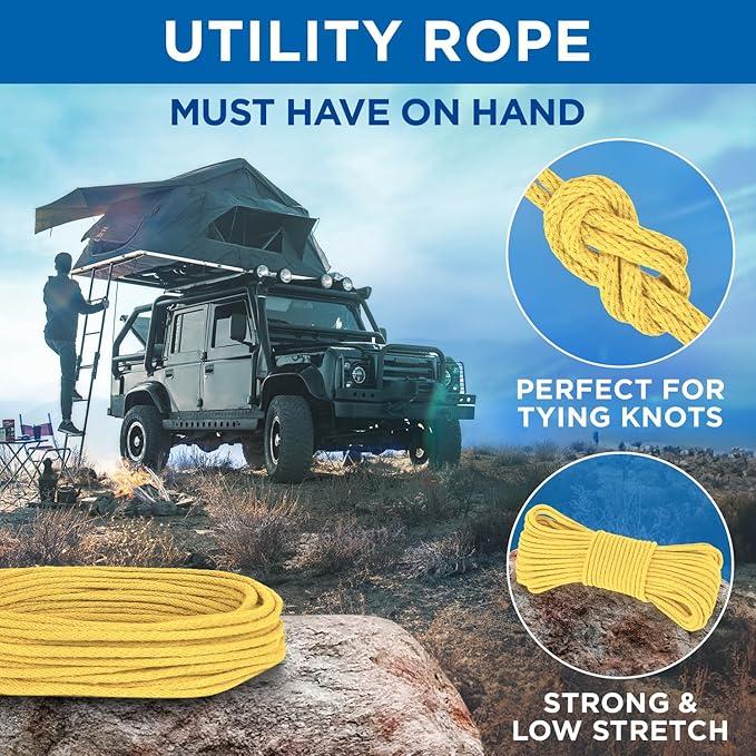 TECEUM Cotton Rope 3/16” (5 mm) – 50 FT – Strong All-Purpose Braided Rope – Natural Cotton – for Crafting, Сamping, Clothes Line, DIY, Indoor & Outdoor Use – Yellow