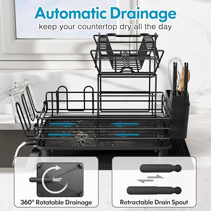 JASIWAY 2 Tier Black Large Stainless Steel Dish Drainers Drying Rack for Kitchen Counter with Drainboard, Rust Proof Metal, Space Saving, Modern Aesthetic, Compact Plates Strainers with Extra Mat