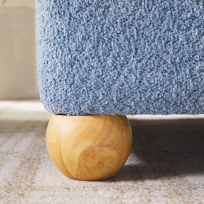 Walker Edison Linley Contemporary Large Storage Bouclé Ottoman with Wood Legs, Soft Blue