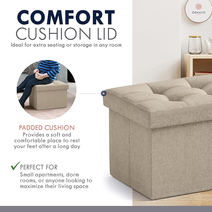 Ornavo Home Small Storage Ottoman, Set of 2, Foldable Collapsible Rectangle Linen Ottoman Foot Rest Stool Seat, for Living Room, Bedroom, Home Office, Dorm - 12 x 16 x 12, Taupe
