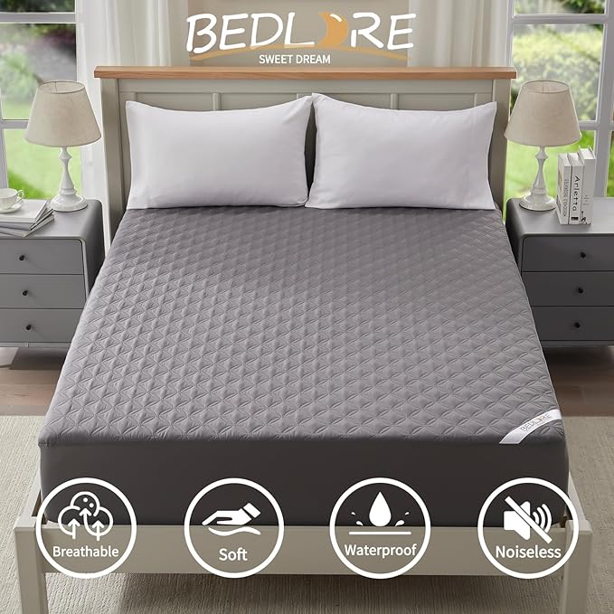 BEDLORE Waterproof Mattress Protector, Noiseless Queen Size Mattress Pad with Deep Pocket Fitted Up to 6"-18", Soft Breathable Dirt-Proof Bed Mattress Cover Washable Bedroom, Hotel (Gray)
