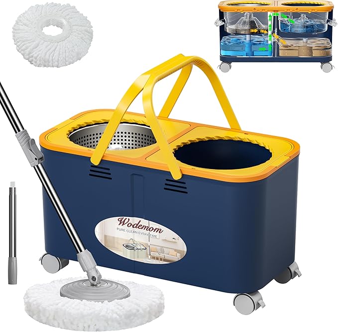 Mop and Bucket with Wringer Set for Home, Spin Mop and Bucket Separate Clean and Dirty Water, Mops for Floor Cleaning with 360°Swivel Wheels & 1 Reusable Microfiber Mop Heads- Blue/Yellow