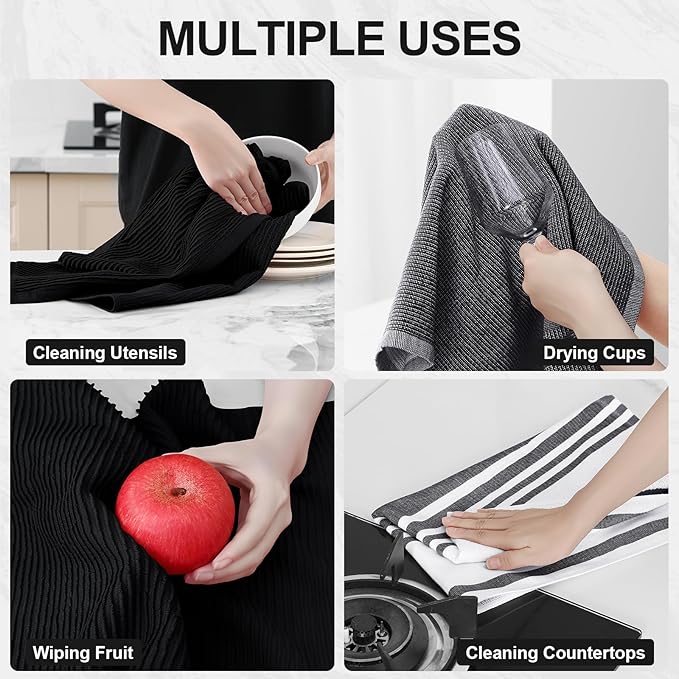 Homaxy Premium Kitchen Towels(18”x 28”, 6 Pack), Large Cotton 380 GSM Kitchen Hand Towels, Soft and Absorbent Terry Dish Towels, Multipurpose Tea Towel Set with Hanging Loop, Black