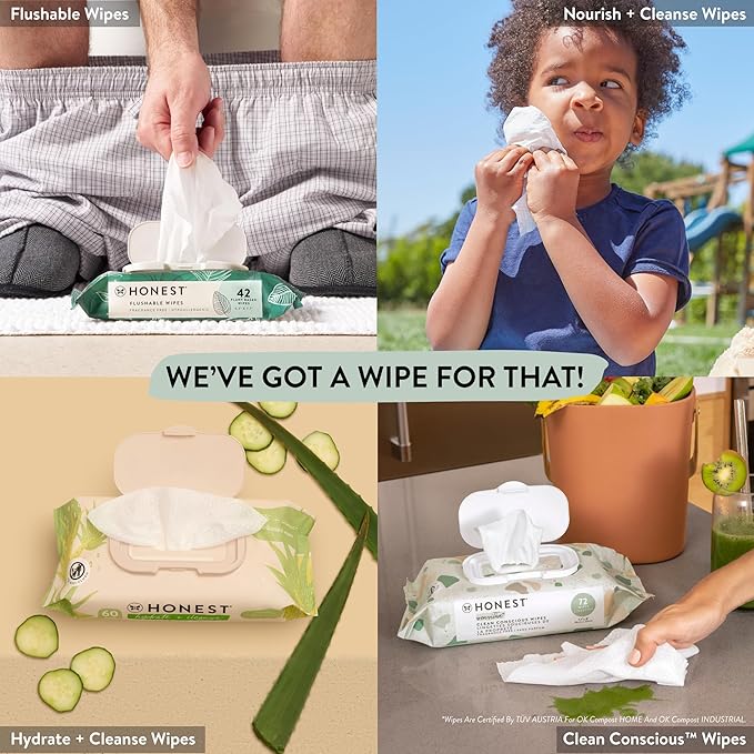 The Honest Company Calm and Cleanse Naturally Scented Wipes Cleansing Multi-Tasking Wipes 99% Water Plant Based Hypoallergenic Lavender 60 Count