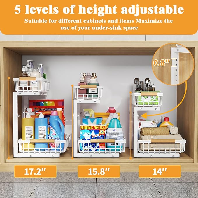 2-Tier Slide Out Under Sink Organizer – 2-Tier Pull-Out Storage Rack, Bathroom organizers and storage for Kitchen and Bathroom, Space-Saving Cabinet Organizer, Rustproof,（White)(2 Pack)