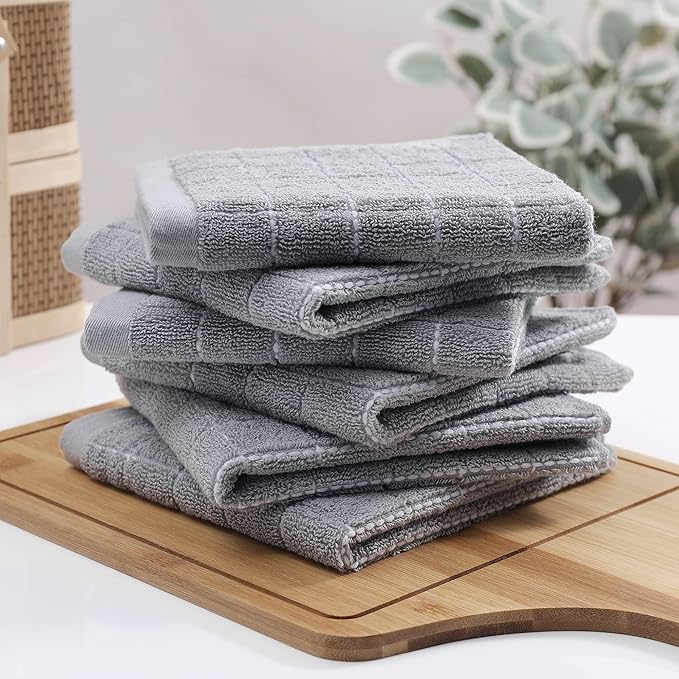 Homaxy 100% Cotton Terry Kitchen Towels(Light Grey, 13 x 28 inches), Checkered Designed, Soft and Super Absorbent Dish Towels, 12 Pack