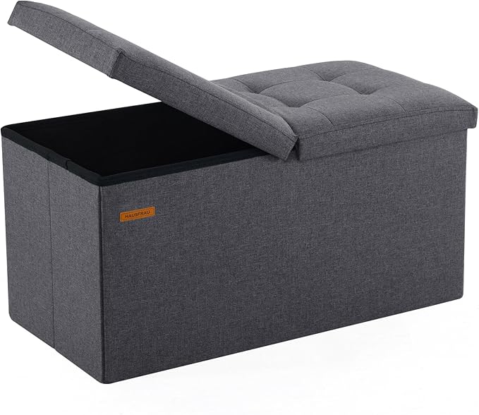 HAUSFRAU - 30 Inches Storage Ottoman Bench with Flipping Lid, Foldable Storage Chest Foot Rest for Living Room, Bedroom, Entryway, Load 660 lb, Linen Dark Gray