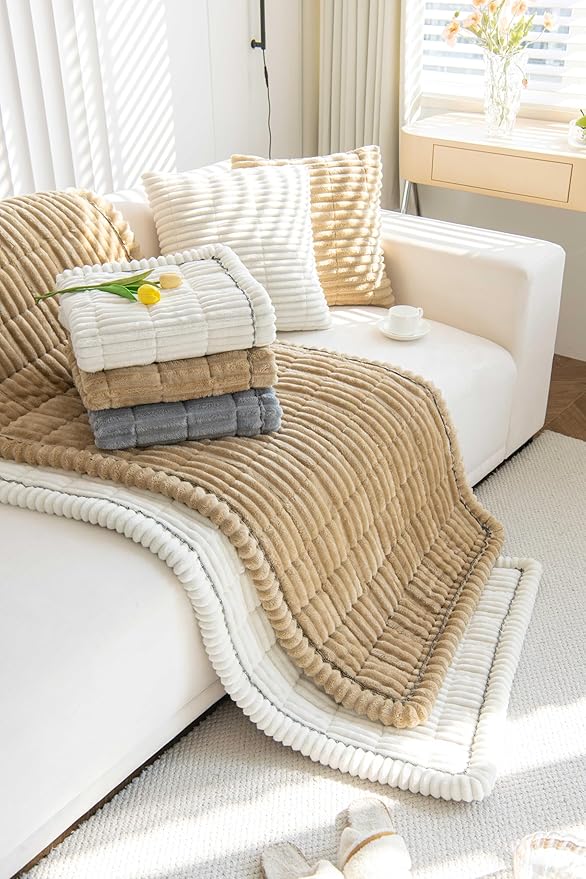 OTOB Dog Couch Covers for 3 Cushion Washable Non Slip Plush Pet Friendly Bed Mat Sofa Cover for Dogs, All Seasons Cozy Soft Fuzzy Furniture Protector Sofa Slipcovers (Cream, 27.6" x 59.1")