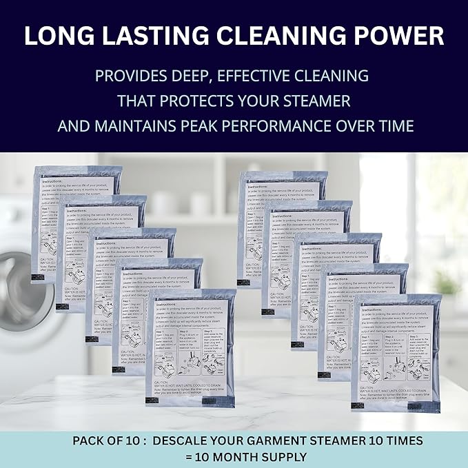 Garment Steamer Descaling Solution Decalcifier Packets for Mineral Deposits and Build-up Removal, Maintenance for Clothes, Works with all Garment Steamer Brands, Cleans Build Up, 10 packs
