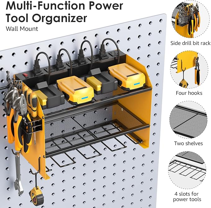 CCCEI Modular Power Tool Organizer Wall Mount with Charging Station. Garage 4 Drill Storage Shelf with Hooks, Screwdriver, Drill Bit Heavy Duty Rack, Tool Battery Holder Built in 8 Outlet Power Strip.