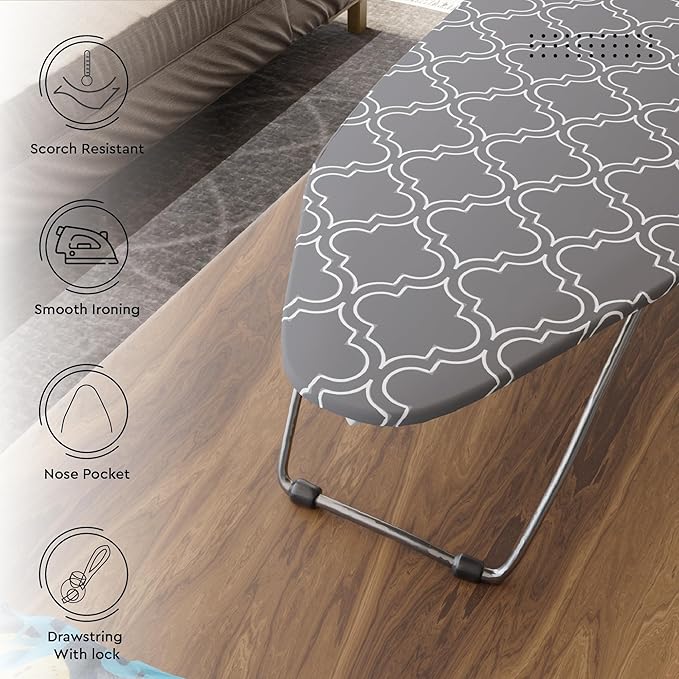 Encasa XO Ironing Board Cover and Pad 28"x12" - Thick 3mm Felt Padding, Drawstring Tightening & Lock, Easy Fit, Scorch & Stain Resistant, Fits Mini Ironing Board - Grey Tiles