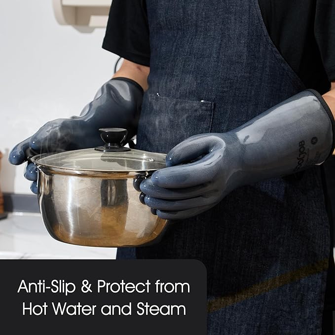 COOLJOB Heat Resistant Oven Gloves, Waterproof Liquid Silicone BBQ Grilling Gloves for Barbecue, Kitchen Cleaning, Baking, Food Contact, Black, Large