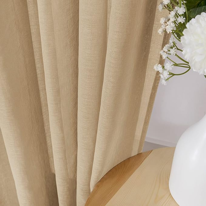 Tollpiz Sheer Tier Curtain Linen Textured Half Kitchen Curtains Sheer Light Filtering Rod Pocket Voile Small Curtains for Bathroom, 25 x 36 inches Long, Beige, Set of 2 Panels