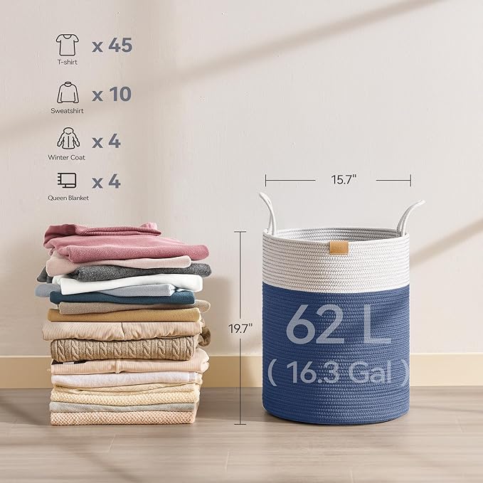 Laundry Hamper 62L,Large Laundry Basket for Clothes,Decorative Storage Basket for Blankets,Cotton Rope Woven basket for bedroom,Navy Blue