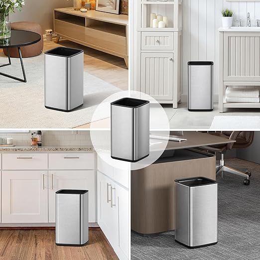 Mbillion 2.4 Gal (9L) Stainless Steel Open - Top Trash Can with Removable Inner Bucket - Sleek Metal Small Waste Basket for Bathroom Office, Brushed Steel