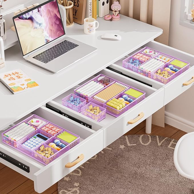 Marbrasse 3 Packs Desk Drawer Organizers, Metal Mesh Dividers with 9 Adjustable Compartments, Pen Organizer for Drawer Tray Box Accessories for Desktop,Kitchen, Makeup(Purple)