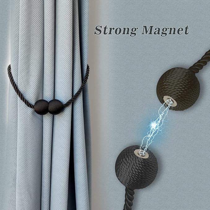 Hion Magnetic Curtain Tiebacks Grey 4 Pack, Curtain Tiebacks Buckles Holdbacks Holders Hooks Clip for Home Bedroom Office Decorative Thick or Thin Curtain