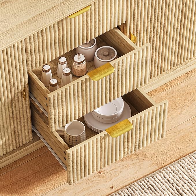 63" Tambour Dresser for Bedroom with 3 Drawers, Modern Chest of Drawers with Sliding Doors & 8 Shelves, Fluted Dresser Storage Organizer for Bedroom, Closet, Living Room(Natural)