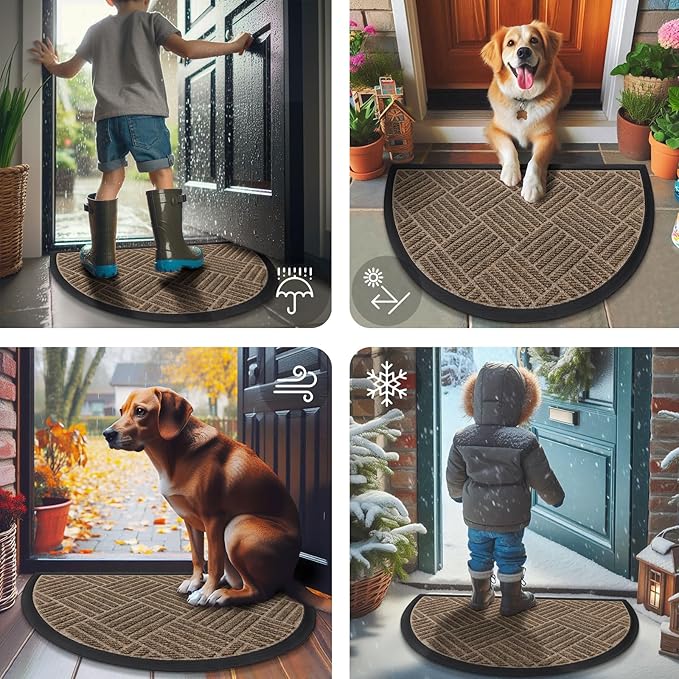 Smiry Half Circle Front Door Mat Outside Entrance, Heavy Duty Outdoor Indoor Natural Rubber Doormat, Non Slip, Trap Dirt and Moisture, Easy Clean, Low Profile Patio Porch Entryway Mat, 29.5x17, Brown
