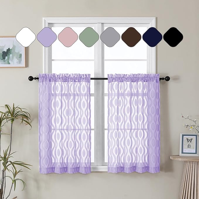 Aiyufeng Lavender Sheer Curtains Tiers 36 Inch Length, Light Filtering Soft Airy Wavy Line Jacquard Textured Short Curtain for Bedroom Bathroom Basement, Dual Rod Pocket, 2 Panels, 40" Wx36 L Inch