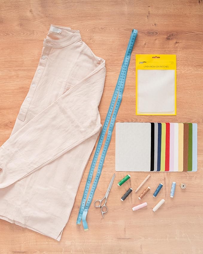 ZEFFFKA 12-Pack Linen Iron-on Patches Fabric Repair Kit for Clothing Shirts Pants Dresses Natural Look Strong Adhesive 12 Colors 30% Linen 70% Cotton 5” x 7”