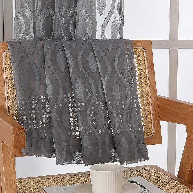 Aiyufeng Sheer Grey Curtains 54 Inch Length 2 Panels, Soft Lightweight Clip Jacquard Textured, Modern Wavy Line Voile for Bedroom Living Room, 40" W x 54" L