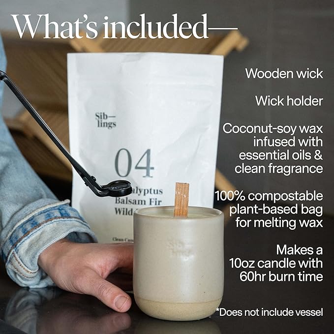 Siblings Candle Making Kit | DIY Coconut-Soy Wax Candle Kit with Wooden Wick | Scent No 07: Ginger, Pink Grapefruit, Rhubarb | Clean, Non-Toxic, Reusable, 60 Hr Burn