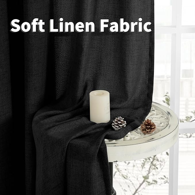 YoungsTex Black Linen Curtains 63 inch Length 2 Panels for Living Room, Back Tab and Rod Pocket Semi Sheer Drapes Light Filtering for Bedroom Gothic Decorative, 52 X 63 Inch