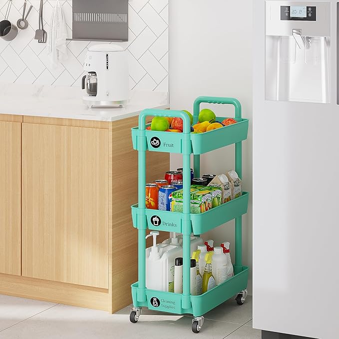 Laiensia 3-Tier Rolling Cart with Wheels,Multifunction Utility Storage carts, Kitchen Storage Organizer,Mobile Shelving Unit for Bathroom,Laundry,with Classified Stickers,Green