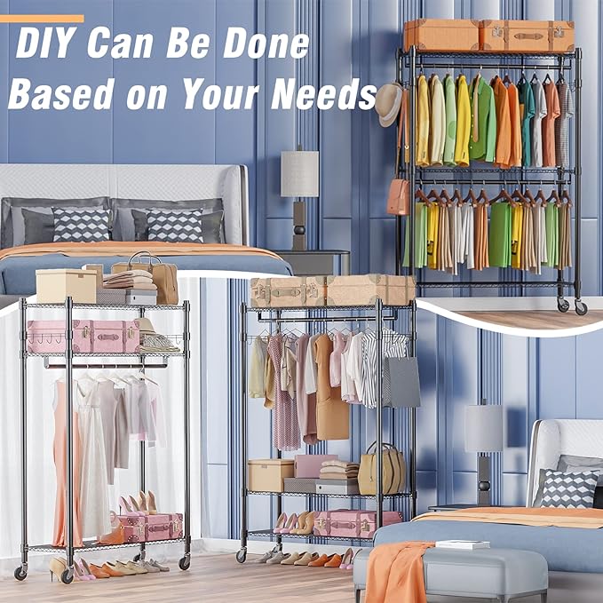 Homdox Rolling Garment Rack with Double Rod, Heavy Duty Clothing Rack with Shelves, Portable Clothes Rack, Free Standing Wardrobe Rack, with Lockable Wheels & Hanging Hooks, Max Load 450 LBS, Black