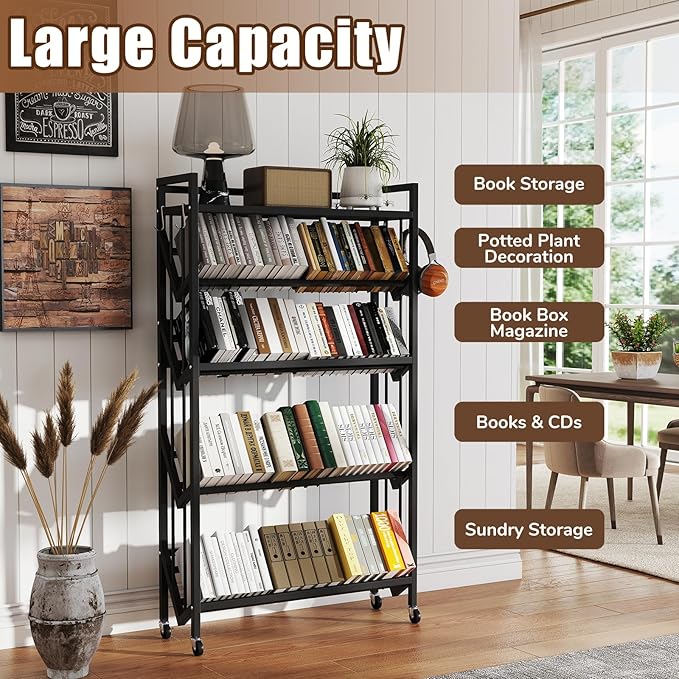 Book Carts 5 Tier 57.7x35.4x9.84 in Rolling Book Cart Large Capacity Bookshelf Storage Rack Mobile Book Storage with Wheels Cart for Home Office Living Room Classroom (5 Tier Black)