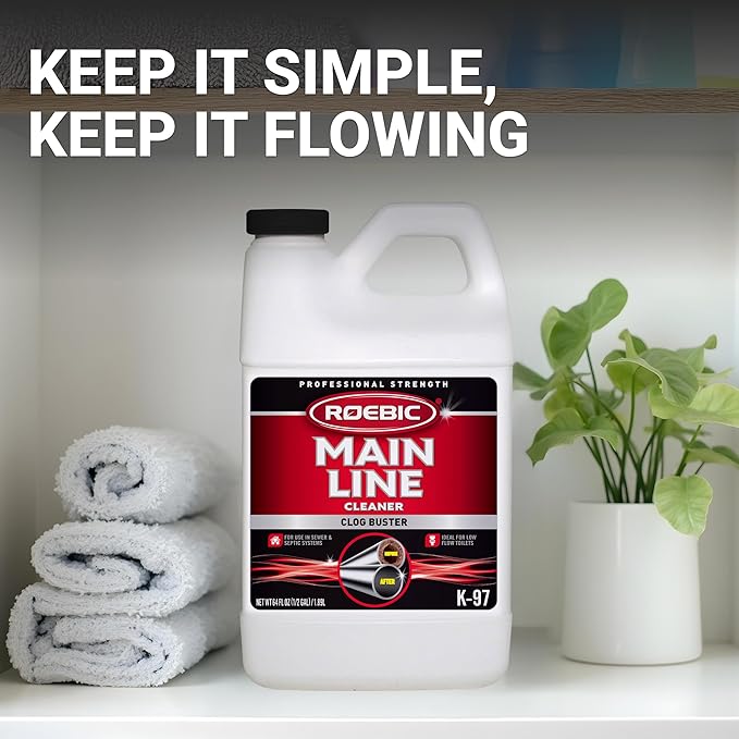 Roebic K-97 Liquid Main Line Cleaner with Bacteria Enzymes, Eliminates Organic Buildup in Sewer/Septic System and Protects from Clogs, Safe for Bathroom Toilet, 64 fl oz