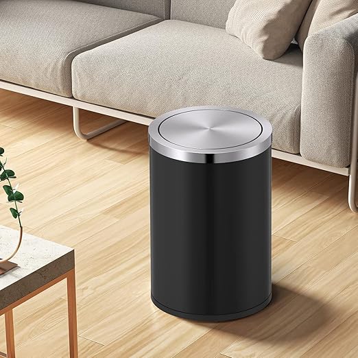 Mbillion Small Trash Can with Swing Lid 4 Gallons/15 Liter, Mini Trash Can with lid, Stainless Steel Cylindrical Garbage Can for Home and Office, for Ground and Desktop(Black)