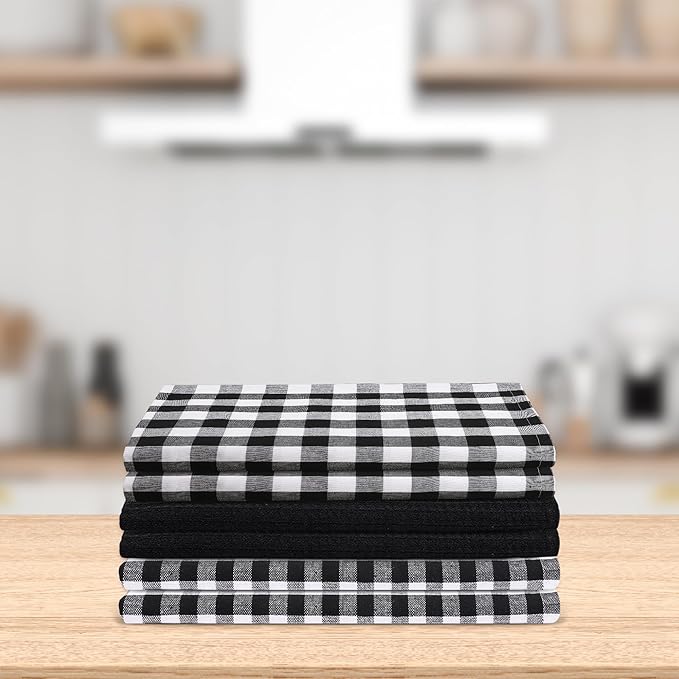 Kitchen Towels Set of 6 Soft Premium Cotton Highly Absorbent Dish Towels 18x28 Inches, Washable & Reusable Tea Towel, Quick Drying Dish Cloths with Hanging Loop - Black/White, Checks