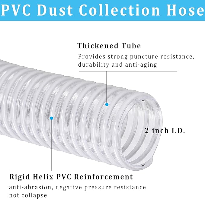 Dust Collection Hose 2 in × 10 ft Heavy Duty Clear Flexible PVC Reinforced Thicken Helix Suction Discharge Corrugated Pipe Hose for Fume Dust Collector Fitting Wood Chip Saw