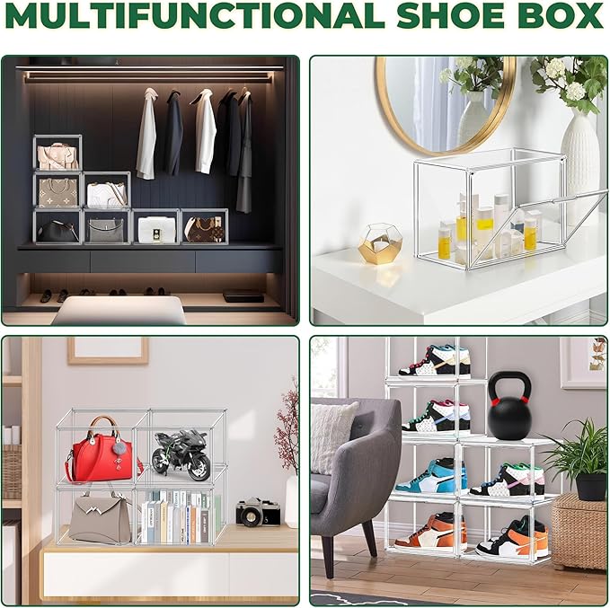 12 Pack Thicken Shoe Rack Organizer for Closet Acrylic Shoe Box with Magnetic Door Sneaker Display Case Handbag Purse Organizer, Fit up to US Size 14