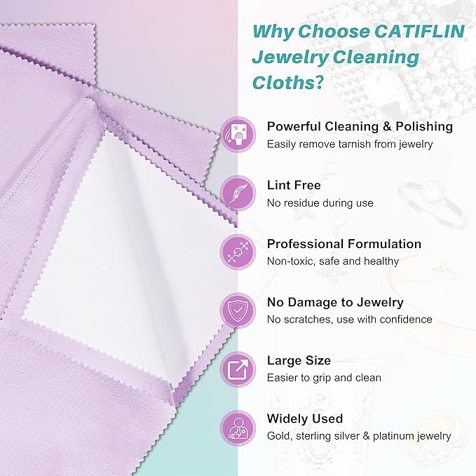 CATIFLIN 3PCS Purple Silver Polishing Cloths, 10"x12" Jewelry Cleaning Cloths for Gold, Silver, Platinum, Watch, Coin, Tarnish Remover, Reusable & Streak for Jewelry Lovers